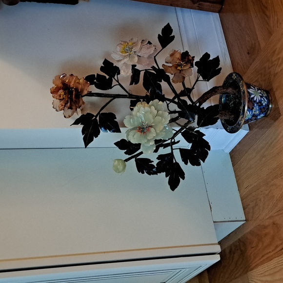 Vintage mid century large carved jade peony flower bonsai tree - Picture 3 of 5